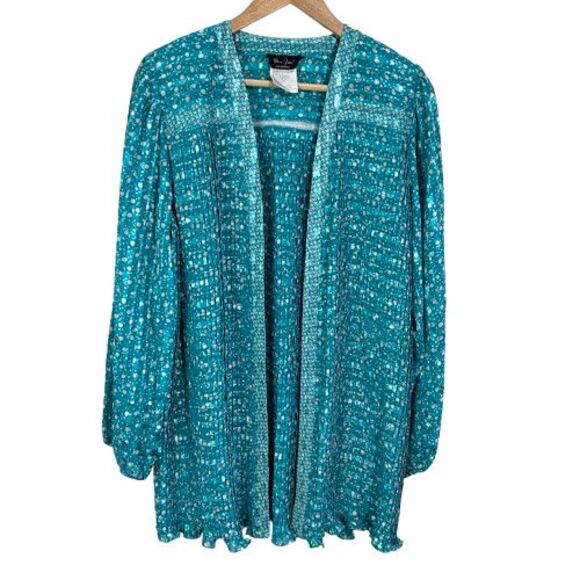 VTG Diane Freis Georgette Top XL Blue Teal Open Front Cardigan Jacket Accordion - Picture 1 of 6